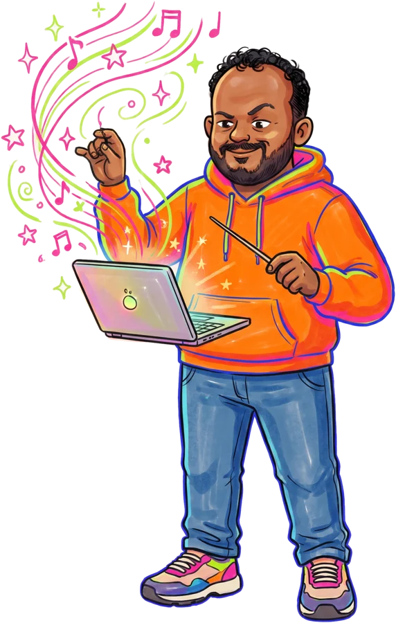 Illustrated Rohit conducting sparkles out of a laptop
