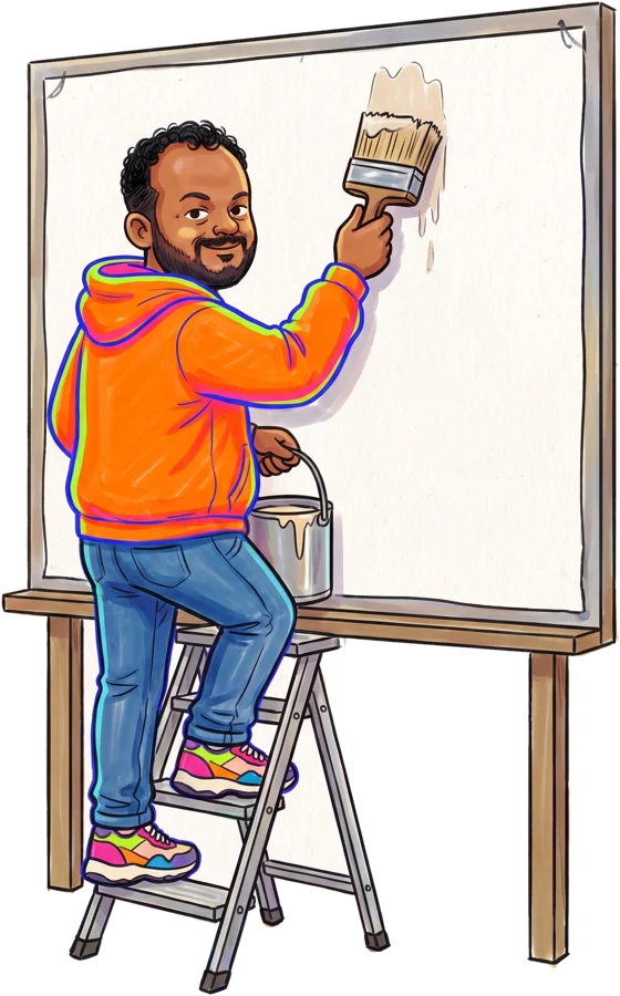 Illustrated Rohit pasting up a billboard