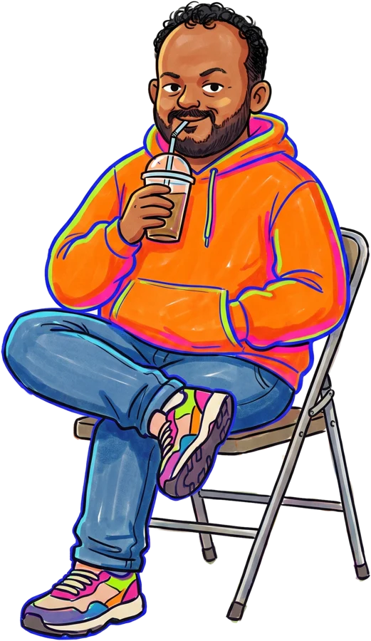 Illustrated Rohit relaxing on a folding chair with a drink