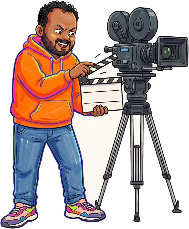 Illustrated Rohit on set with a clapperboard