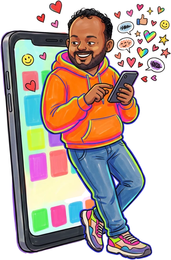 Illustrated Rohit leaning on a giant phone